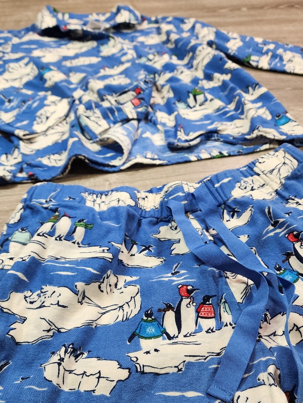 LAND'S END Penguin Polar Bear Flannel 2 Piece Pajama PJ Set Small